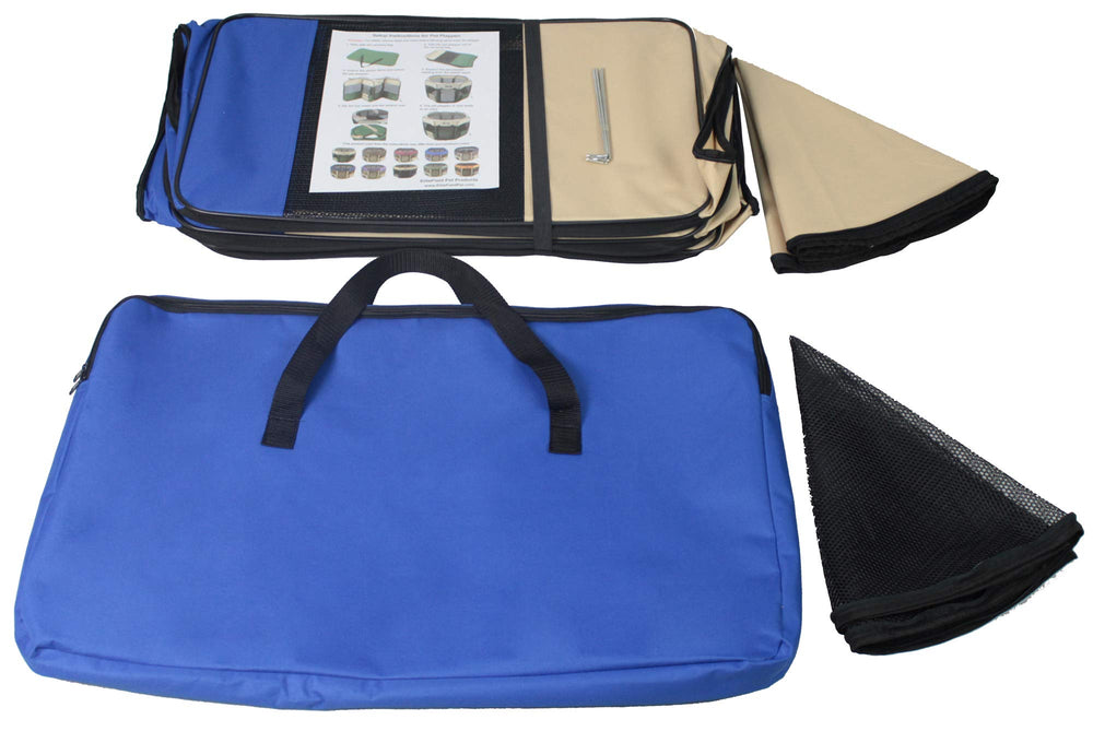 EliteField 2-Door Soft Pet Playpen outdoors with ground stakes for added stability.