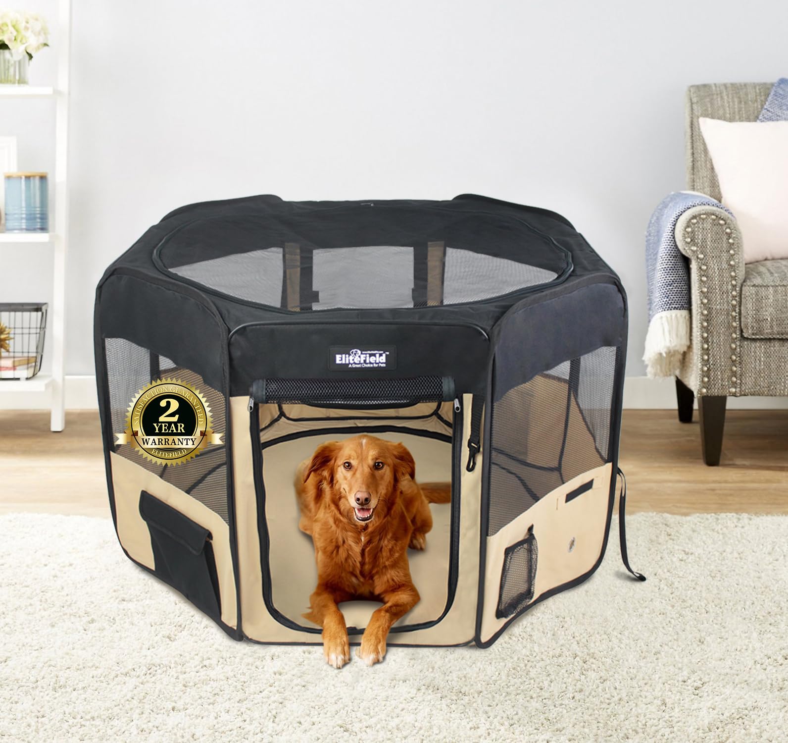 EliteField playpen with outdoor stakes stabilizes space for safe outdoor use.