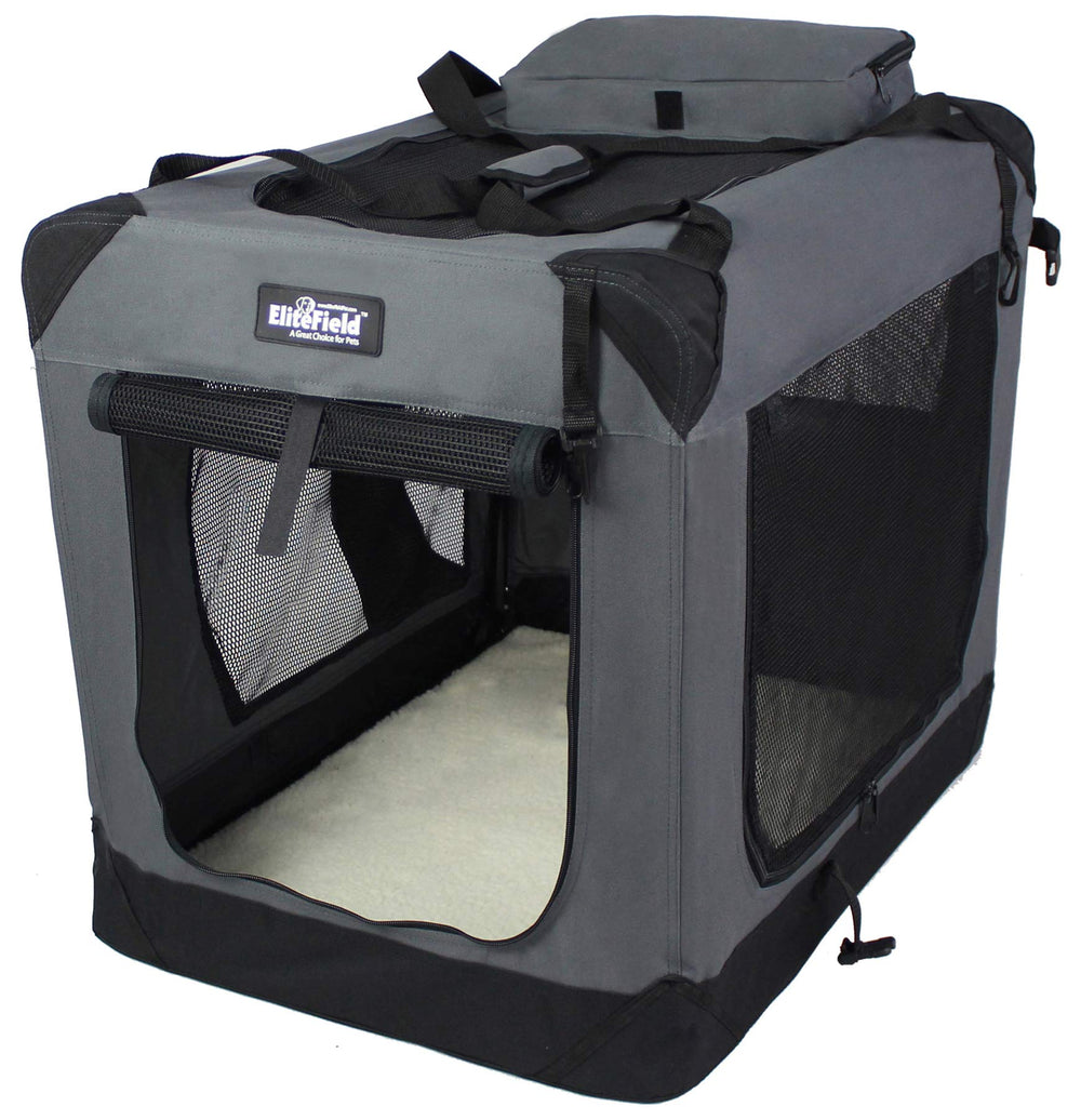 EliteField 3-Door crate front view showing spacious interior for large dogs