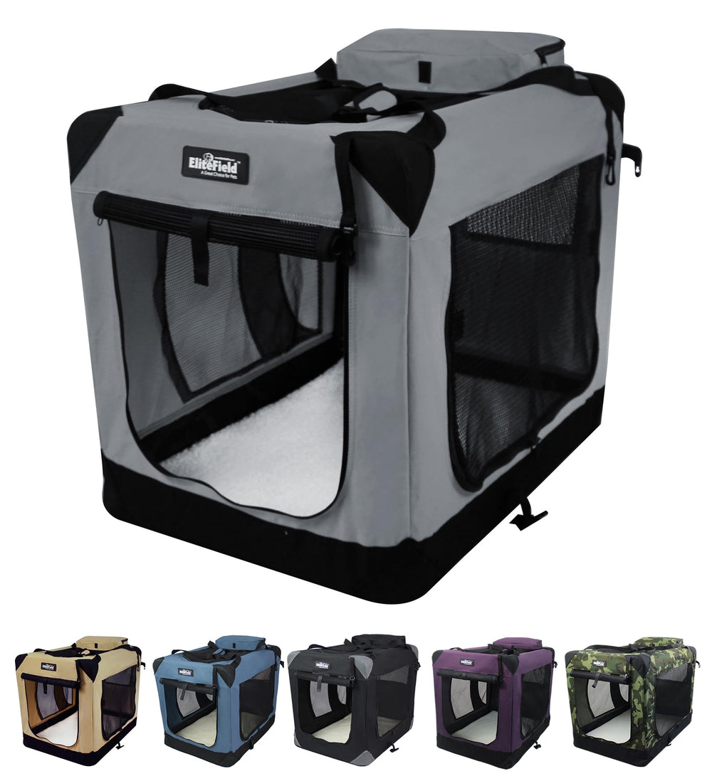 EliteField 3-Door soft dog crate setup demonstrates quick assembly for portable at-home use.