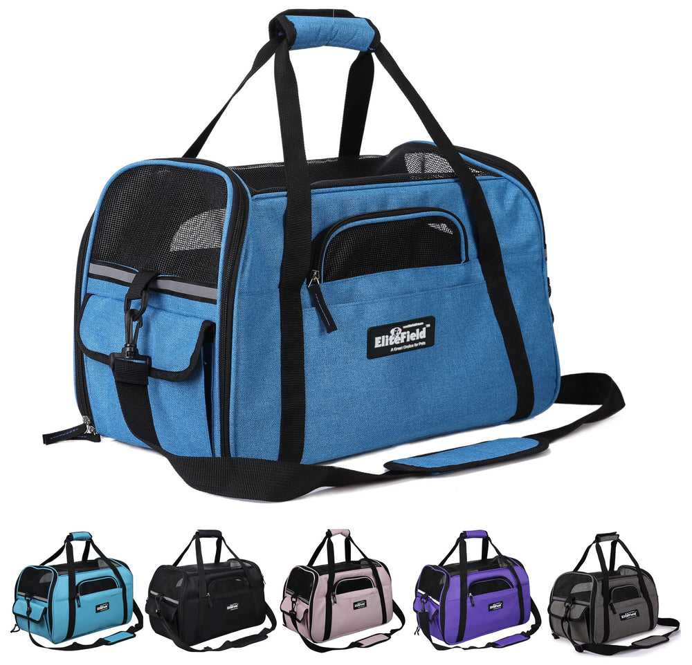 EliteField soft pet carrier sapphire blue, side view shows ventilation and travel-ready design.