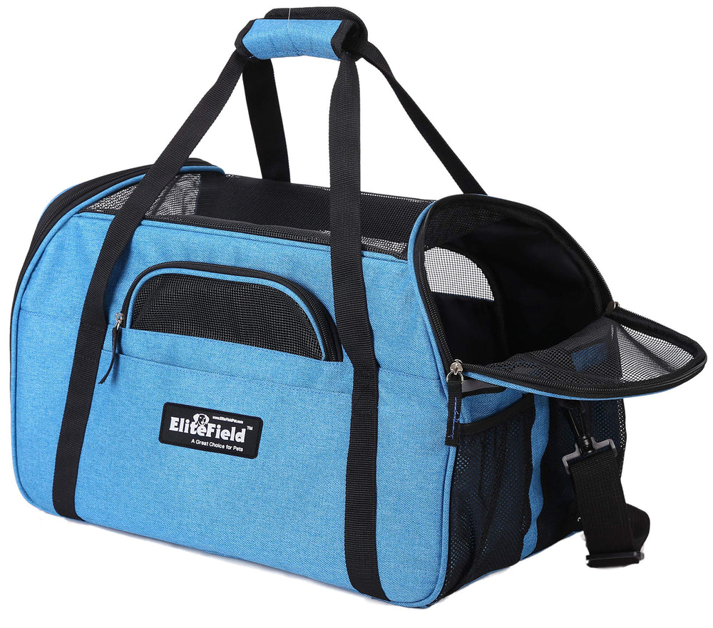 EliteField soft pet carrier sapphire blue, top open for easy pet access during travel.