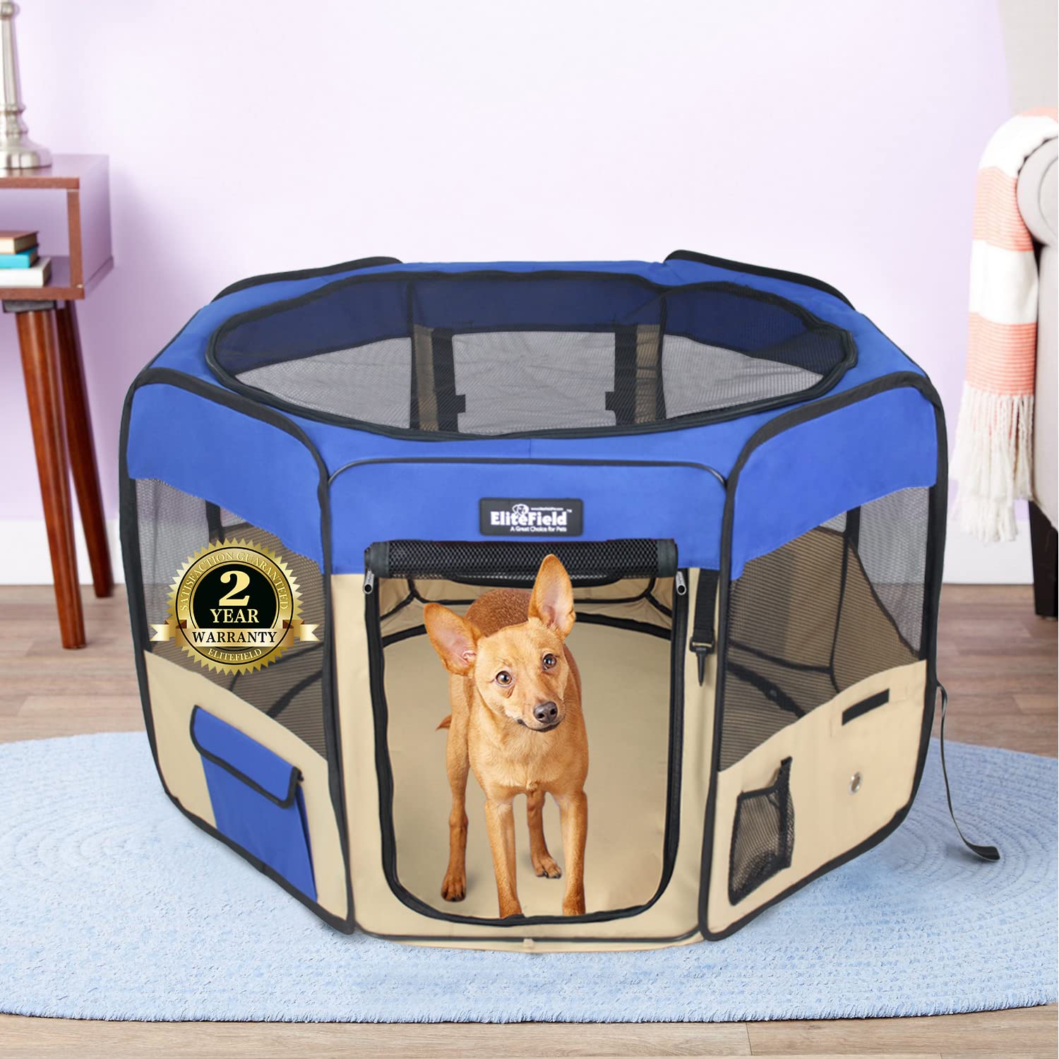 EliteField soft pet playpen side view demonstrates compact fold and portability.