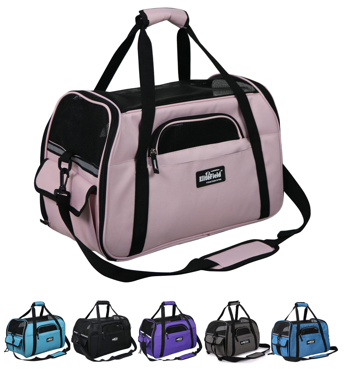 EliteField soft-sided carrier large pink front view, airline-approved travel companion for small pets
