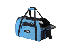 EliteField soft-sided pet carrier sapphire inside bed showing cozy removable fleece cover.