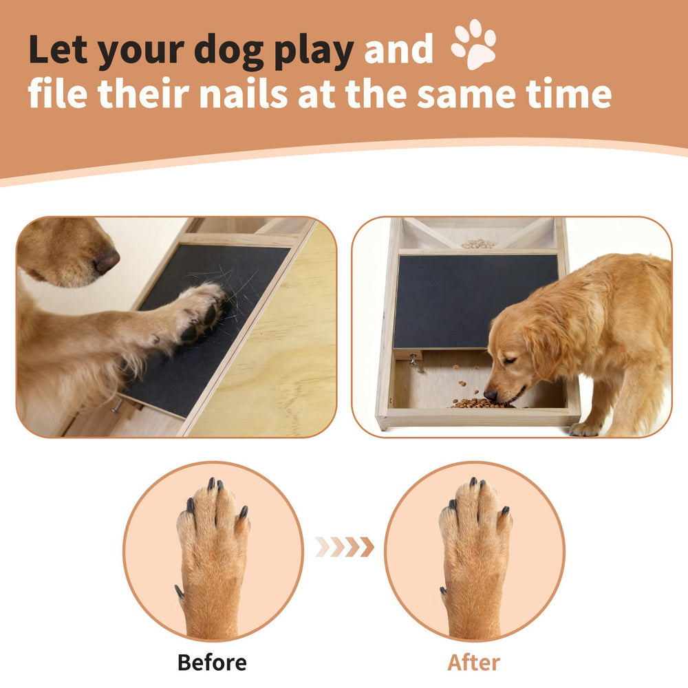 Elixique dog nail scratch board top feeder demonstrates treat rewards for engaging grooming.