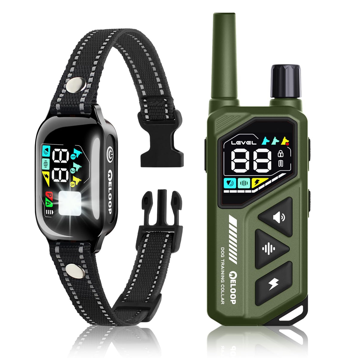 ELOOP collar LED indicator lights for night visibility and dog safety.
