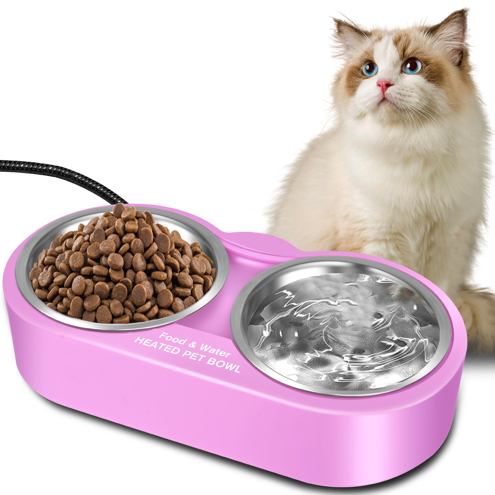 Eloslos heated double-bowl setup keeps water and food warm for pets in cold weather.