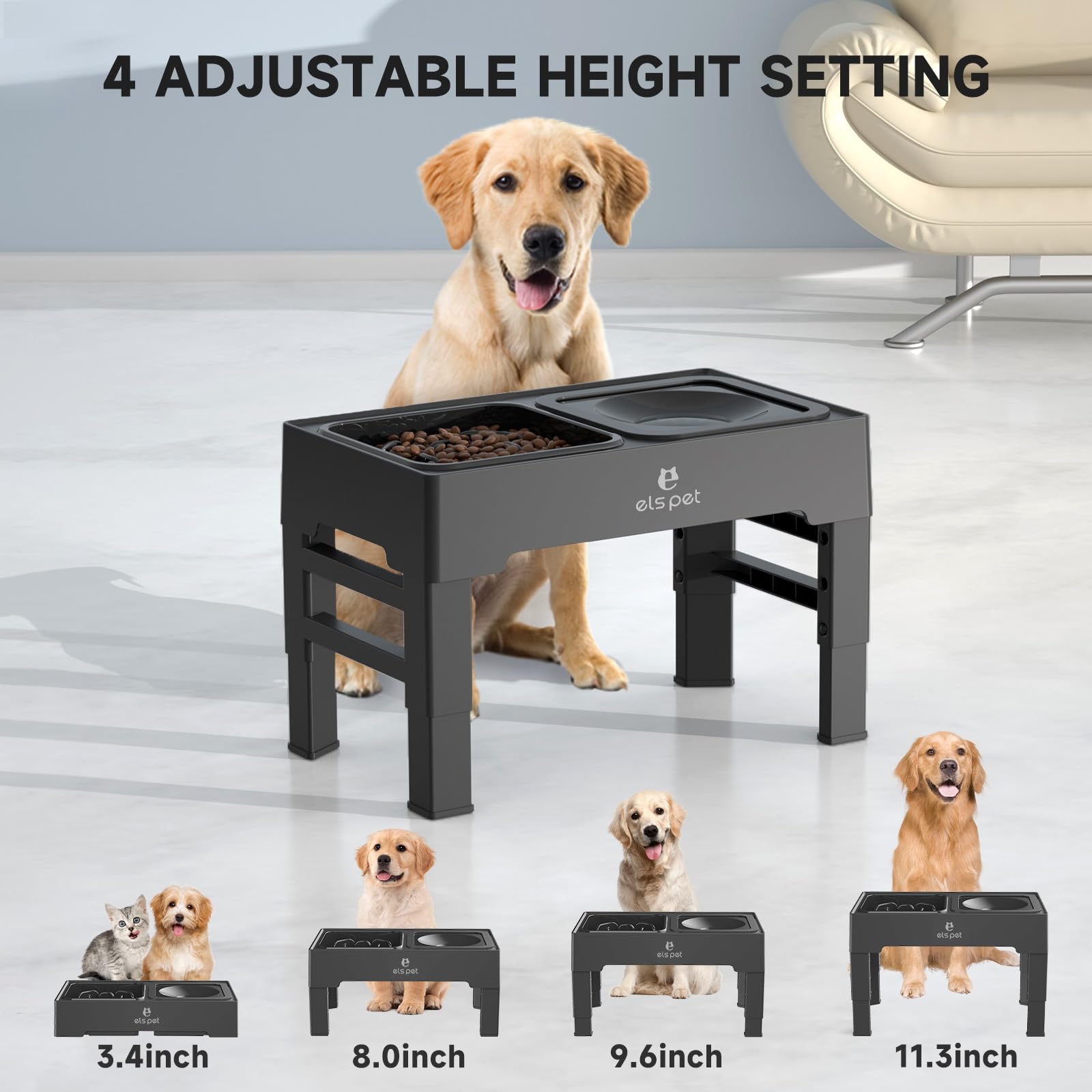 ELS PET elevated bowls with anti-slip design stay steady during meals
