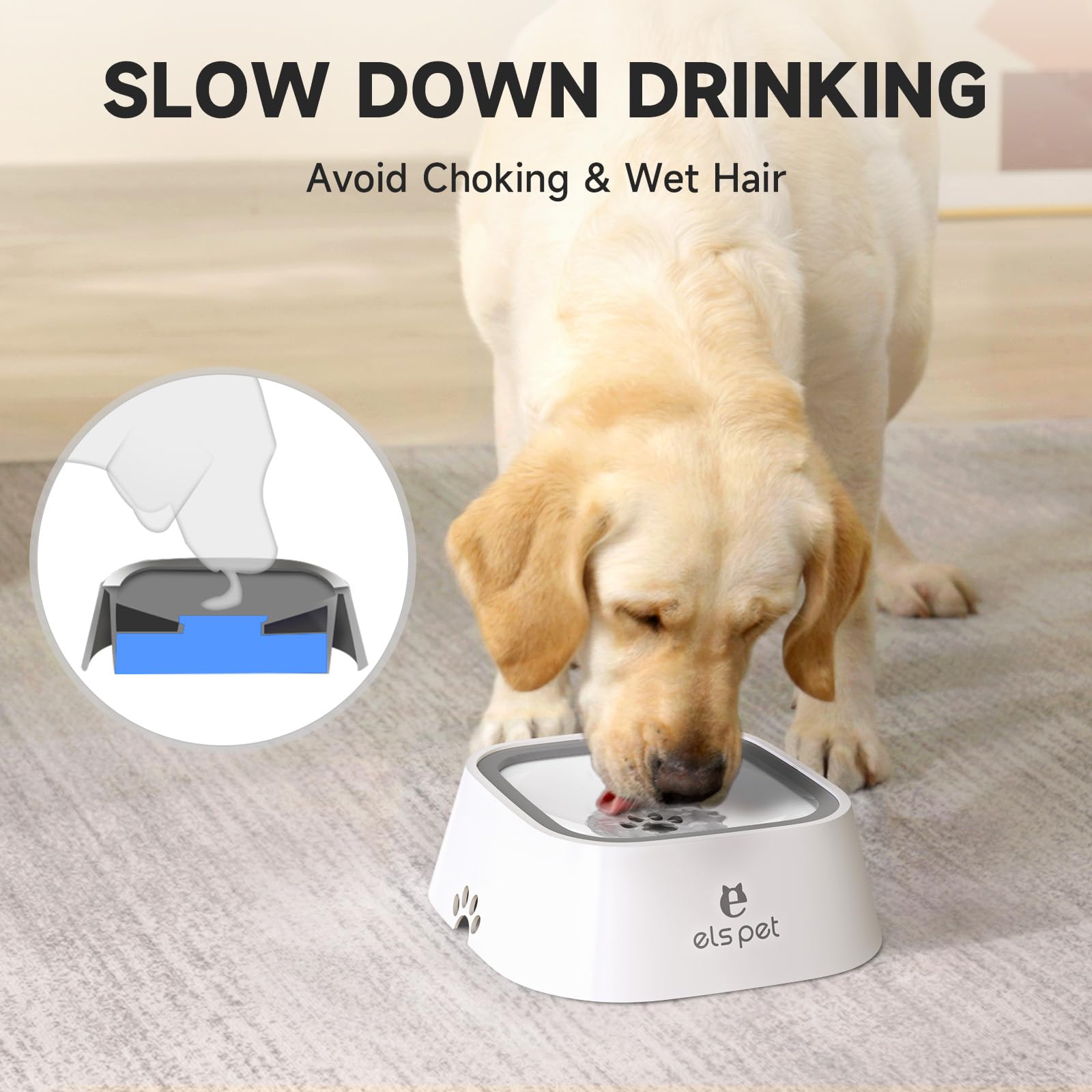 ELS PET No Spill Bowl with a floating disk demonstrating slow drinking and spill prevention.