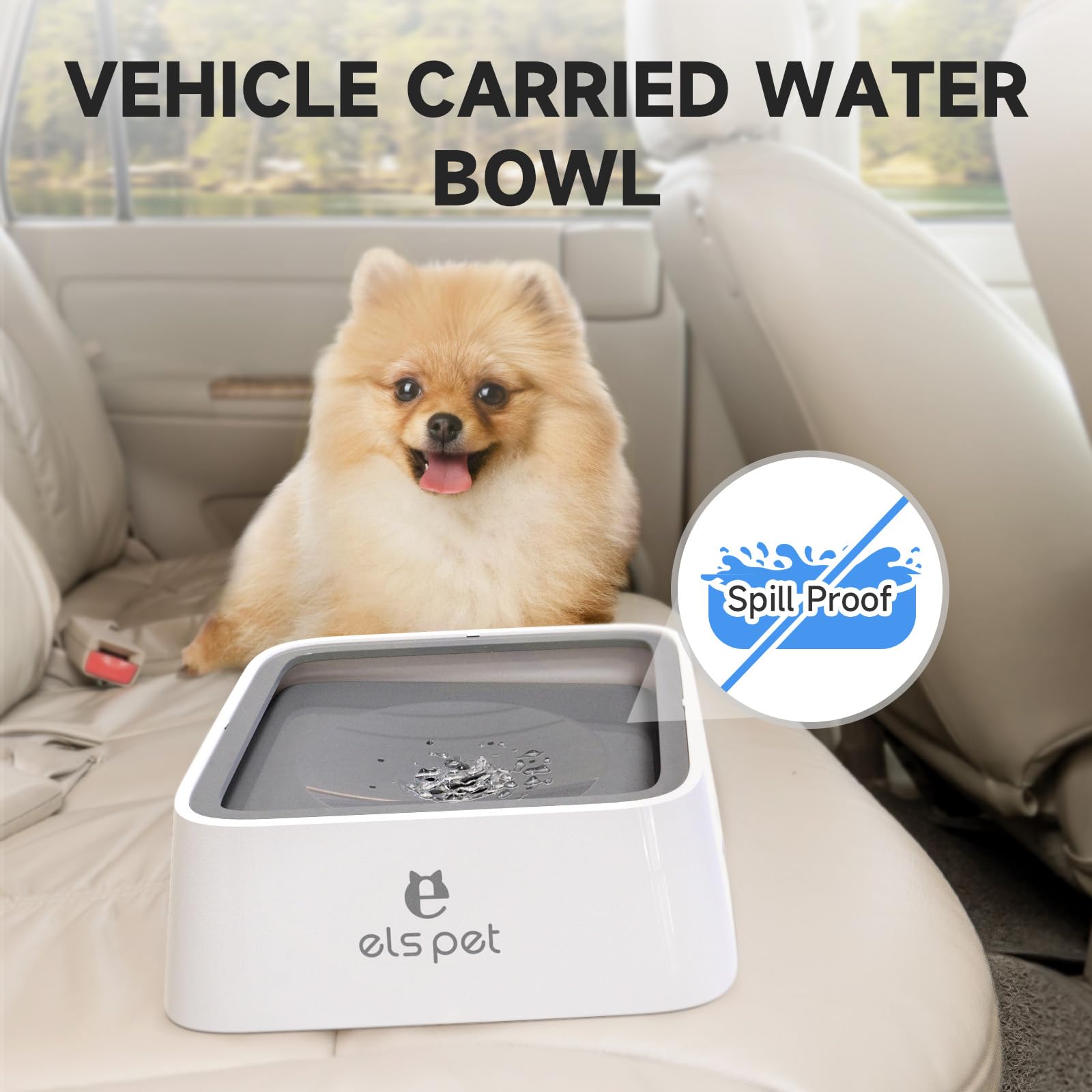 Els Pet travel bowl designed with edge strip and floating disk for car use.