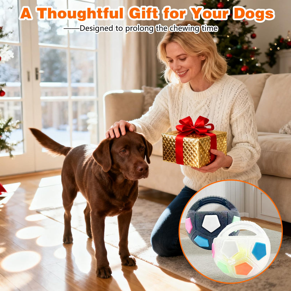 eltolent The Mellow Dog Calming Ball with Handle uses non-toxic rubber for safe play.