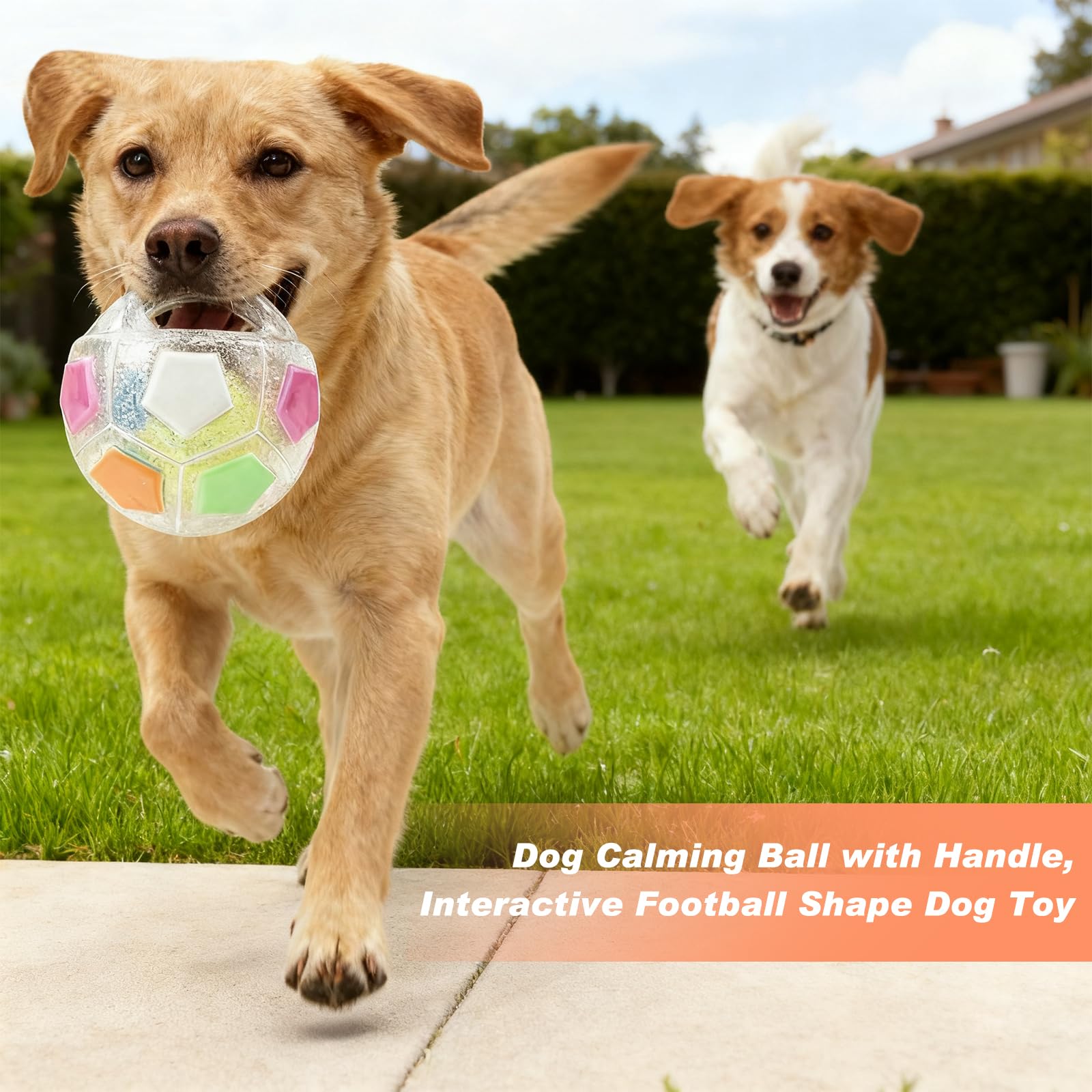 eltolent The Mellow Dog Calming Ball with Handle highlights an easy-grip handle for tossing.