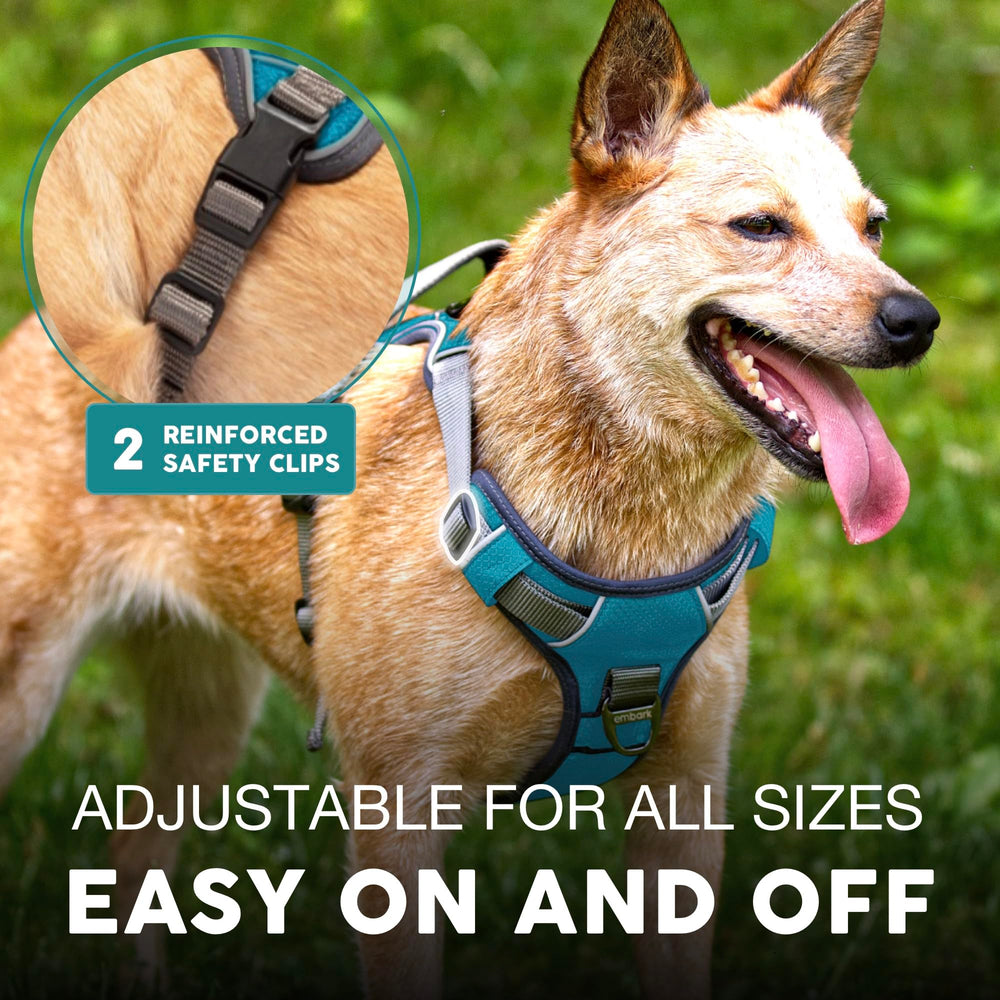 Heavy-duty Oxford and military nylon on Embark Pets Adventure Harness for durability