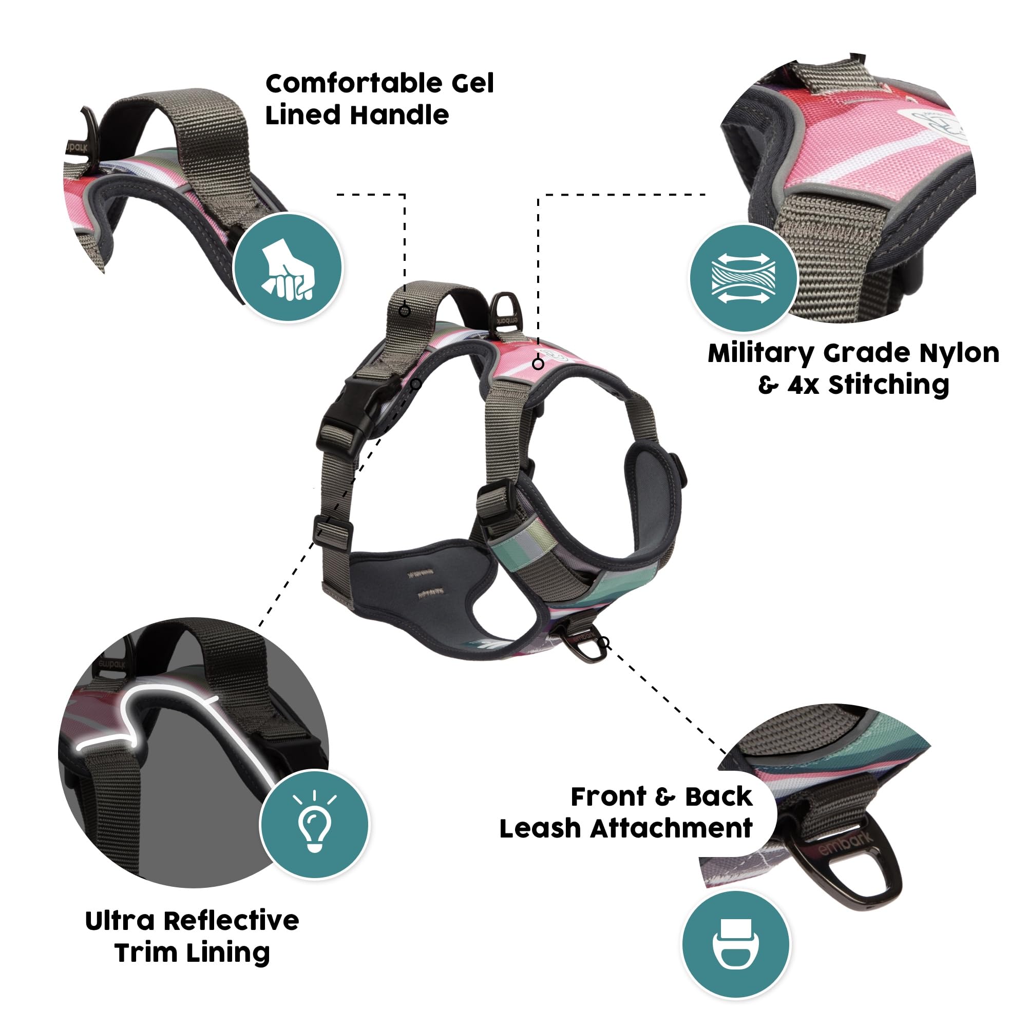 Embark Pets Adventure Harness reflective trim improves visibility at dusk