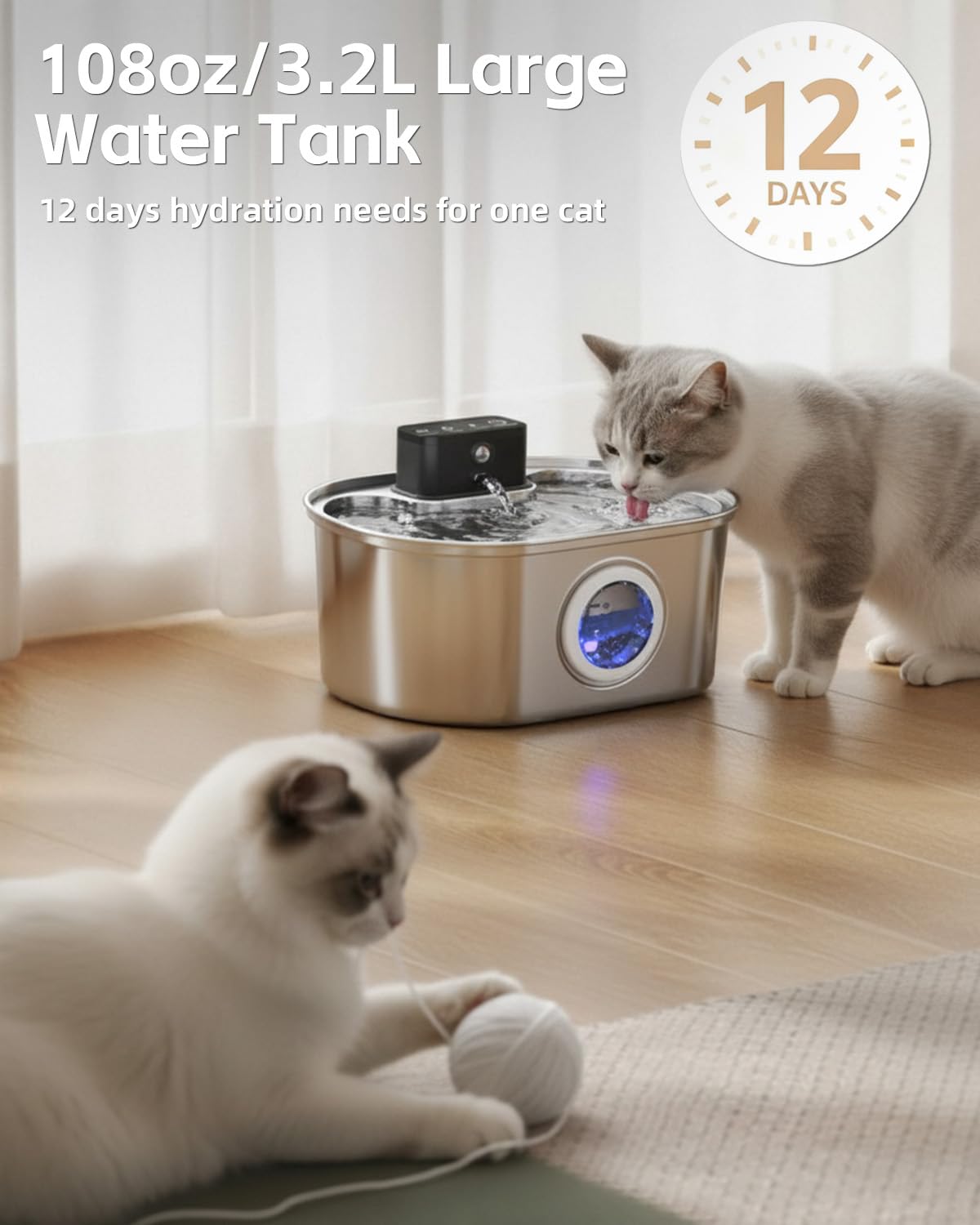Emdoro cat water fountain 3-2l-bowl-closeup emphasizes large reservoir for longer hydration.