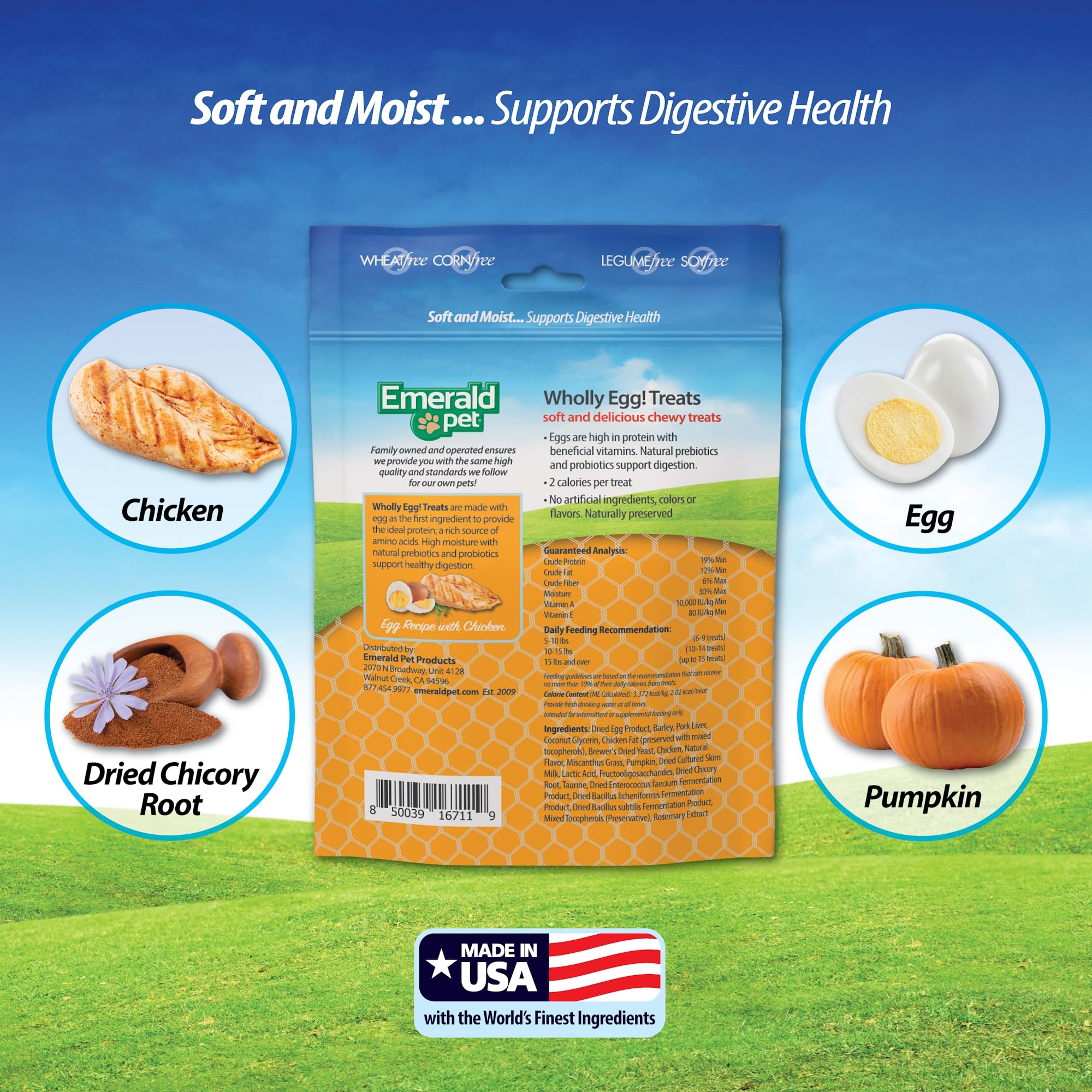 Emerald Pet allergen-friendly cat treats are wheat-free, corn-free, legume-free, and soy-free for sensitive cats.
