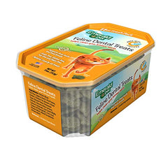 Emerald Pet cat dental treat tub chicken close-up crunch emphasizes plaque-removal action and tastiness