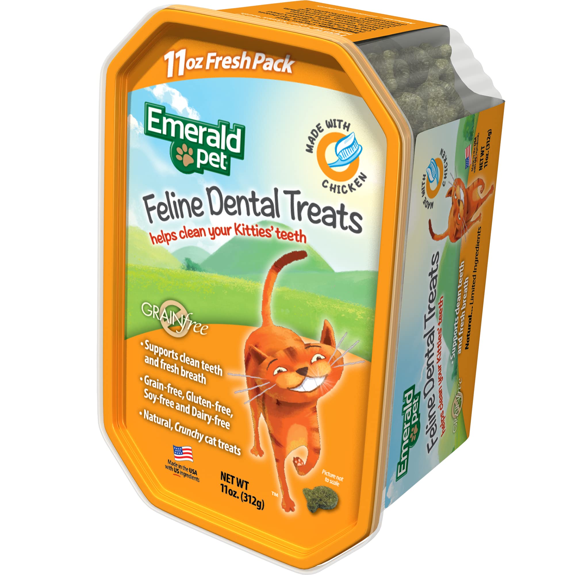 Emerald Pet cat dental treat tub chicken front view highlights crunchy texture for dental care
