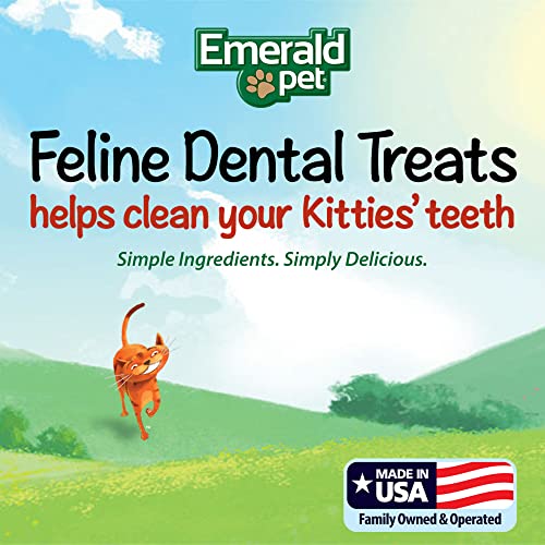 Emerald Pet cat dental treat tub chicken serving-size shot showcases easy portioning for rewards