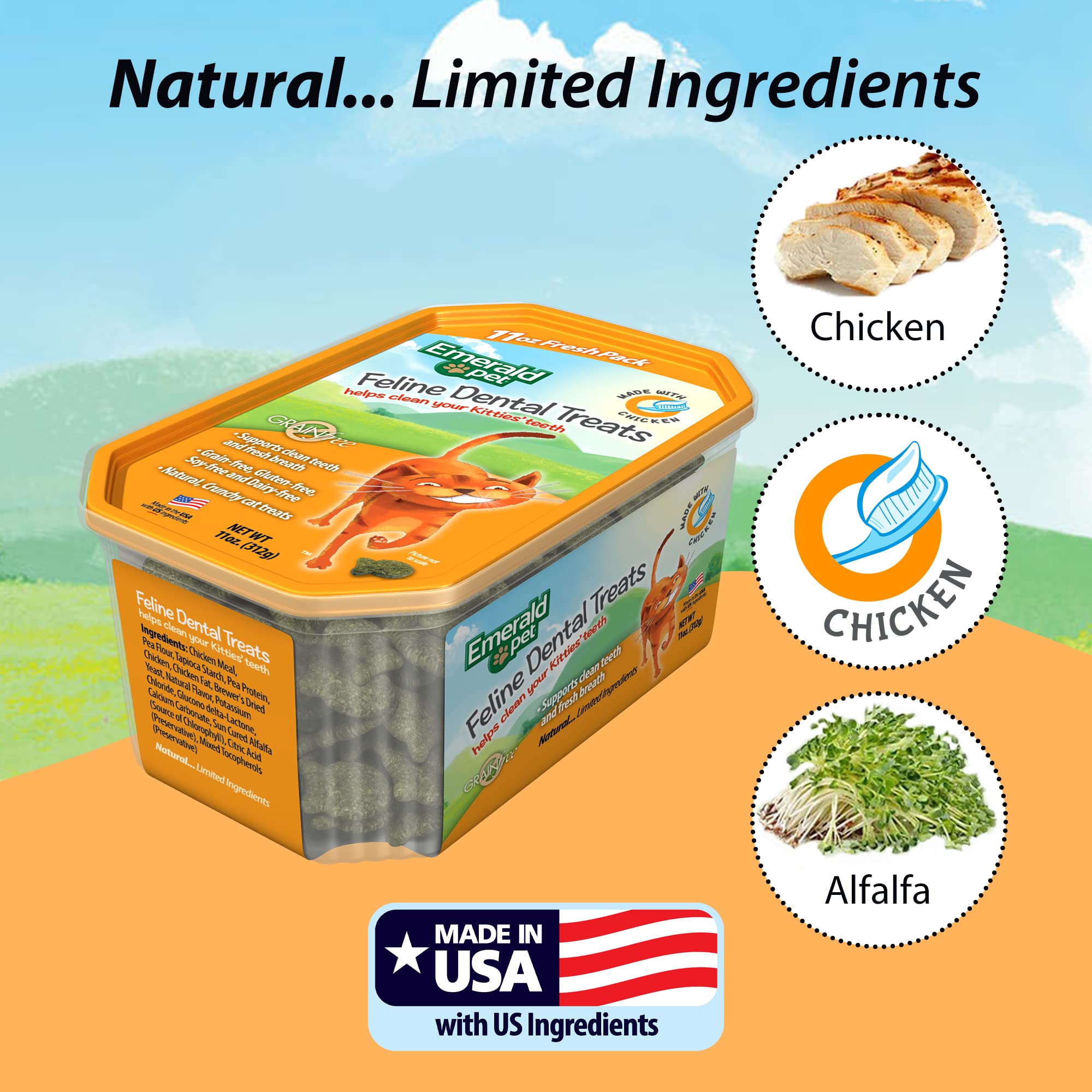 Emerald Pet cat dental treat tub chicken USA-sourced ingredients promise quality and traceability