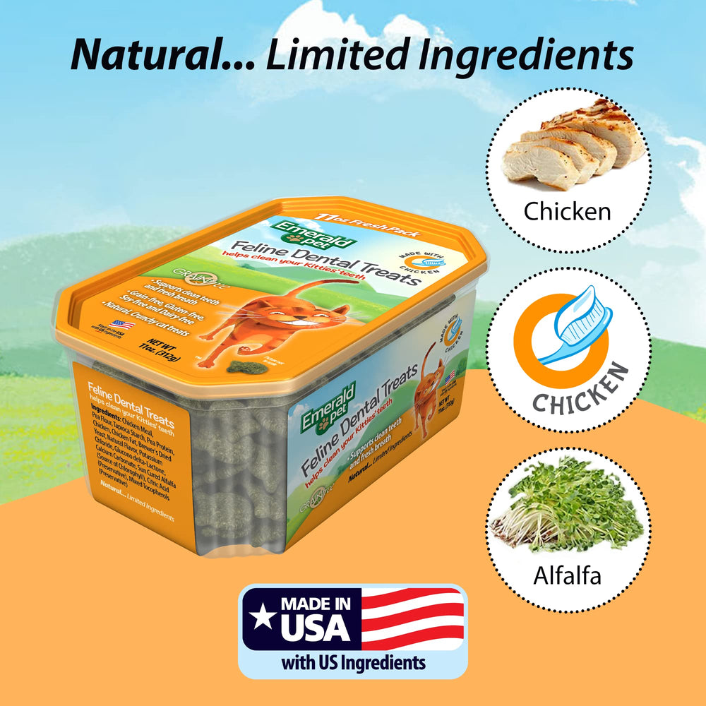 Emerald Pet cat dental treat tub chicken USA-sourced ingredients promise quality and traceability