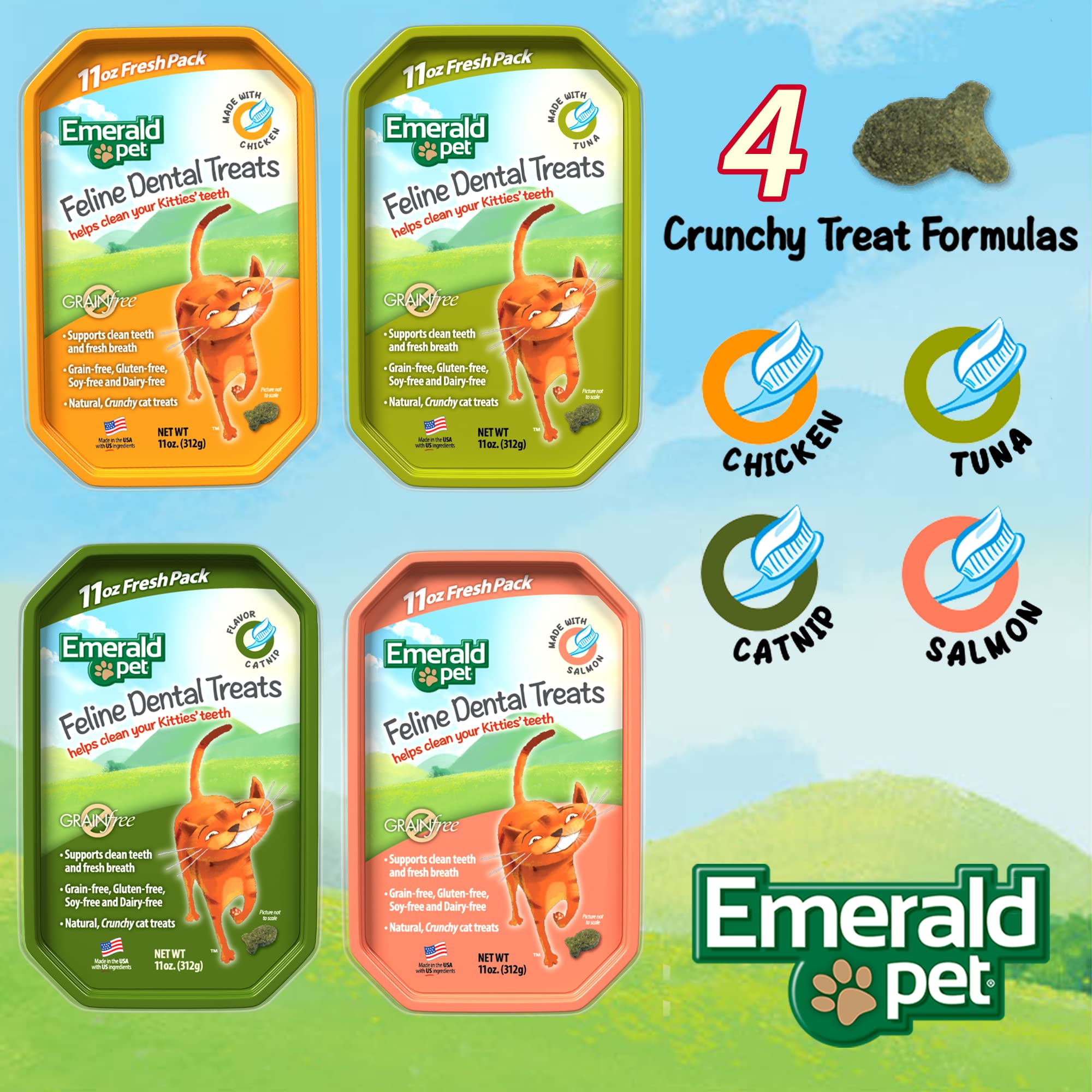 Emerald Pet Cat Dental Treat Tub Salmon close-up highlights larger chewing action benefits