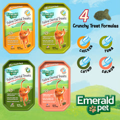 Emerald Pet Cat Dental Treat Tub Salmon close-up highlights larger chewing action benefits