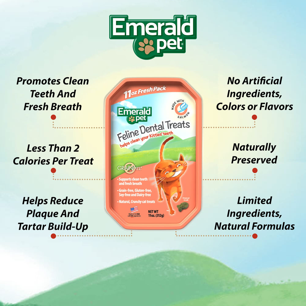 Emerald Pet Cat Dental Treat Tub Salmon contents image shows crunchy chews for plaque support