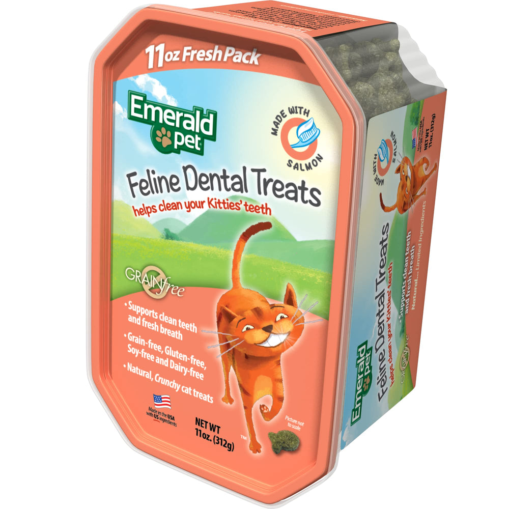 Emerald Pet Cat Dental Treat Tub Salmon front view shows easy dental care rewards