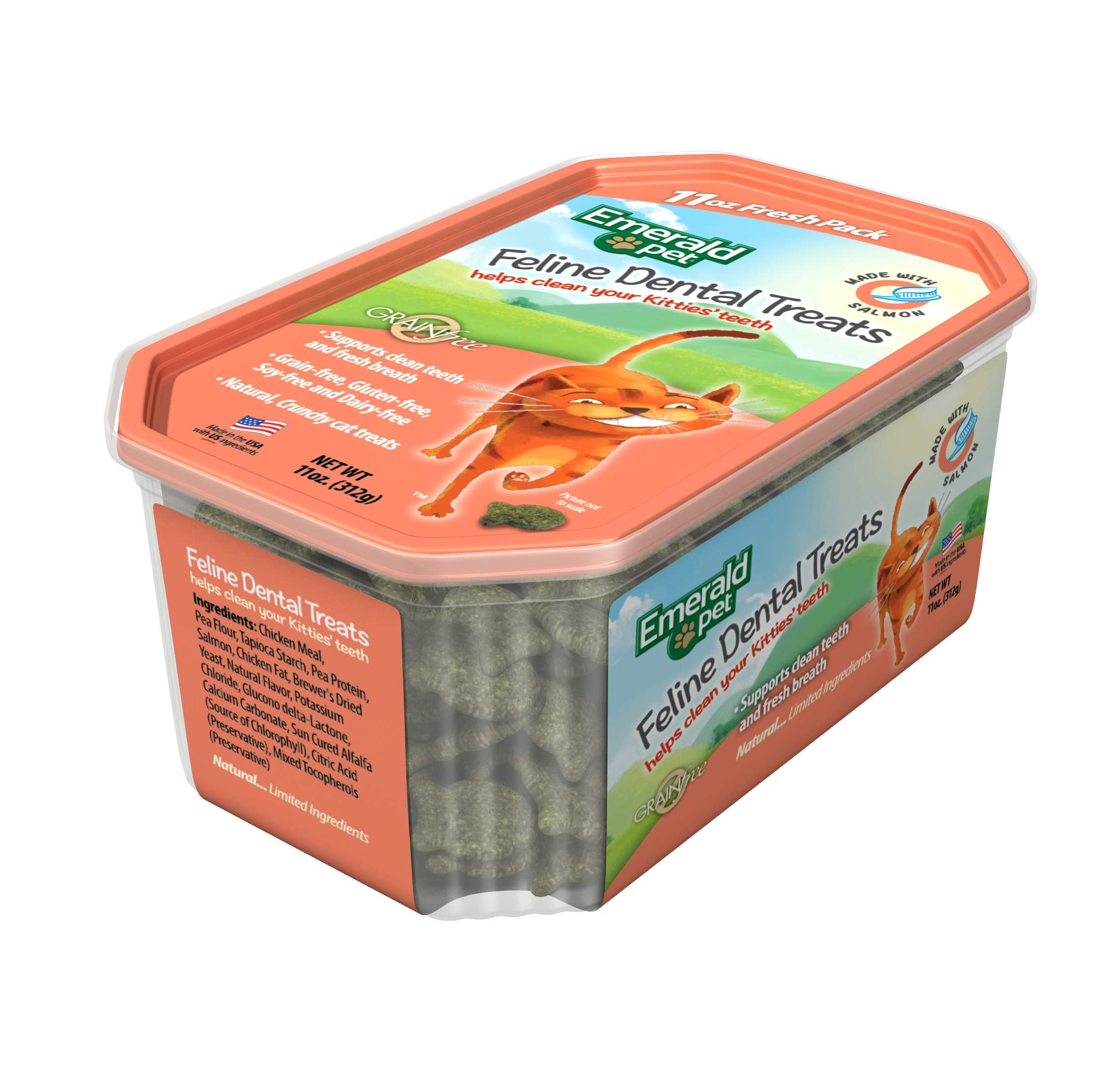 Emerald Pet Cat Dental Treat Tub Salmon packaging emphasizes allergen-free ingredients