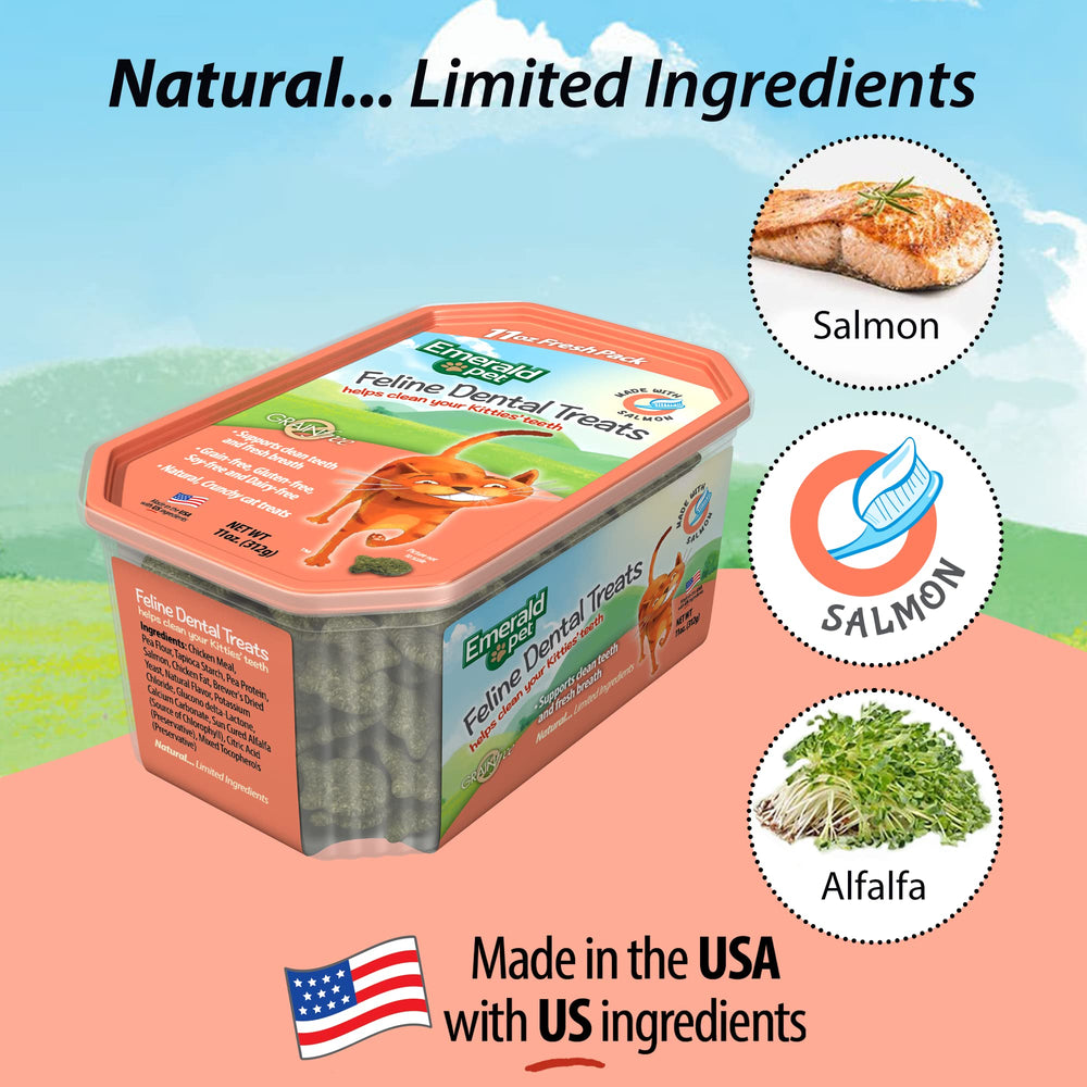 Emerald Pet Cat Dental Treat Tub Salmon serving image suggests bite-sized rewards