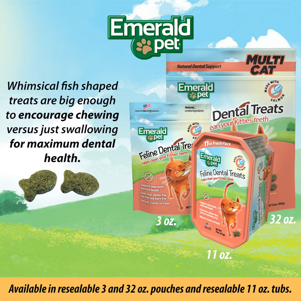 Emerald Pet Cat Dental Treat Tub Salmon multiple treats scattered for sampling