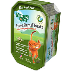 Emerald Pet cat dental treats catnip tub for healthy teeth and fresh breath.