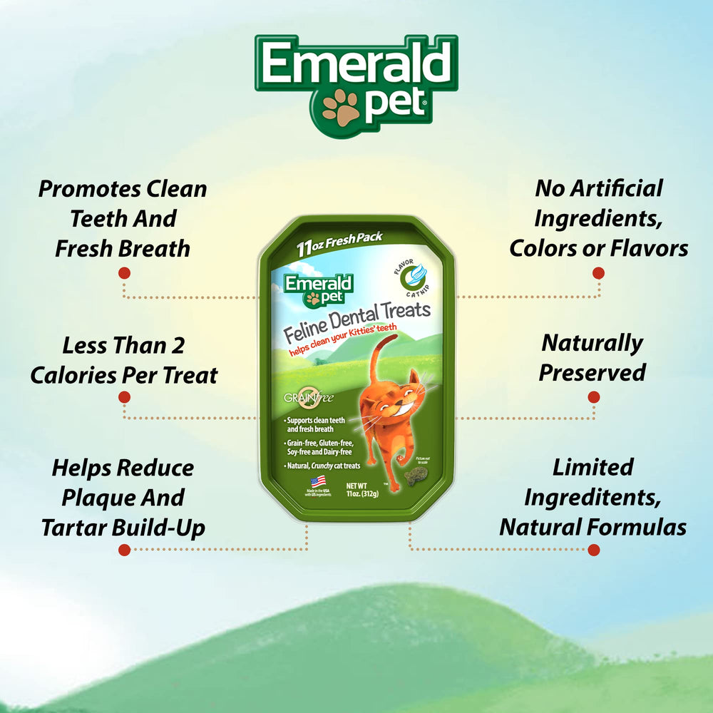 Emerald Pet cat dental treats crunchy texture image illustrating effective plaque cleaning.