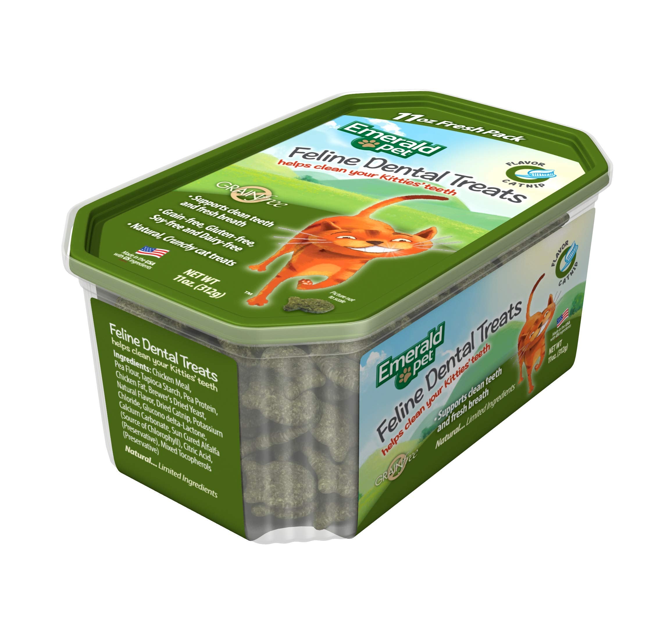 Emerald Pet grain-free cat treats in bowl highlighting allergen-friendly formula.