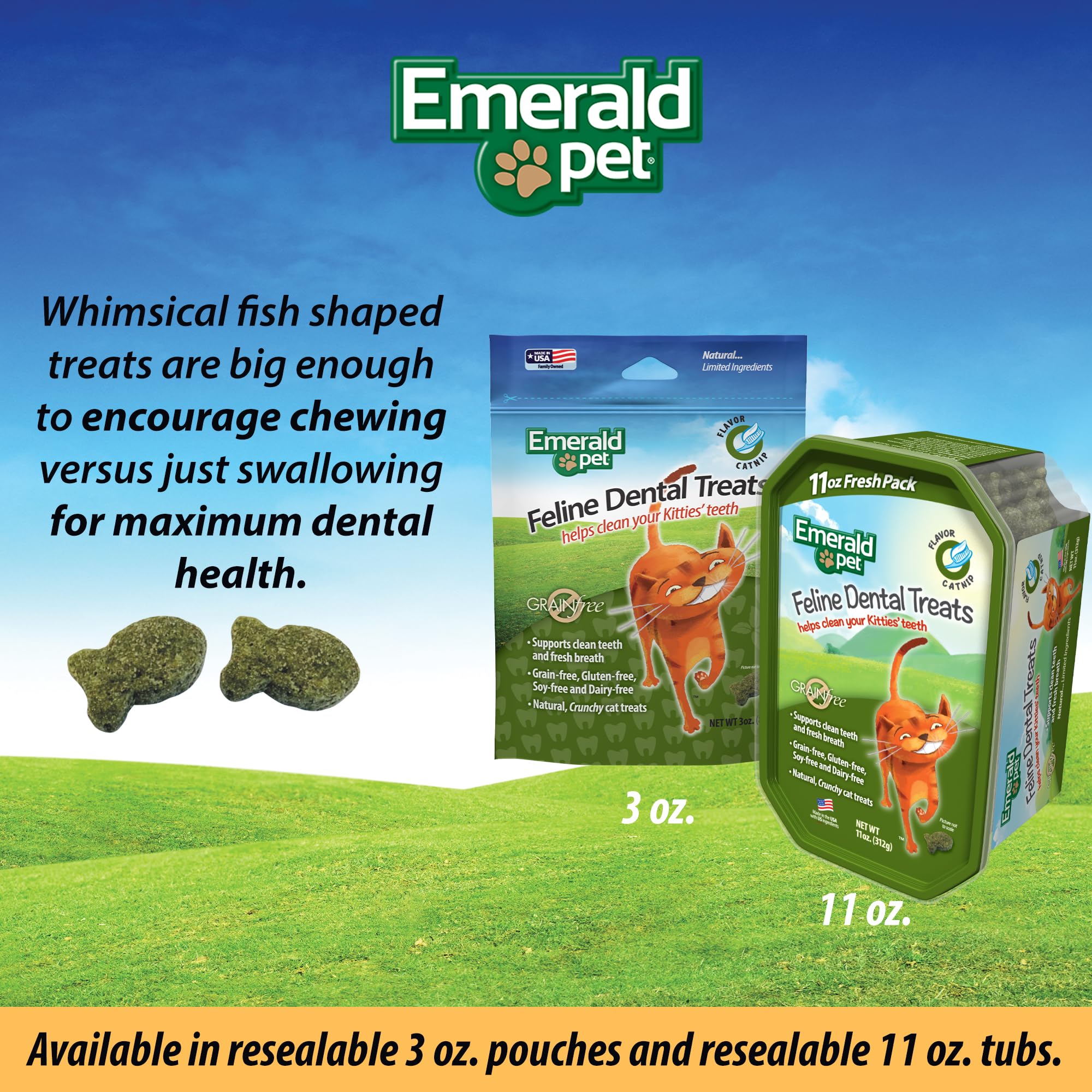 Emerald Pet cat treats low-calorie snack at only two calories per piece.