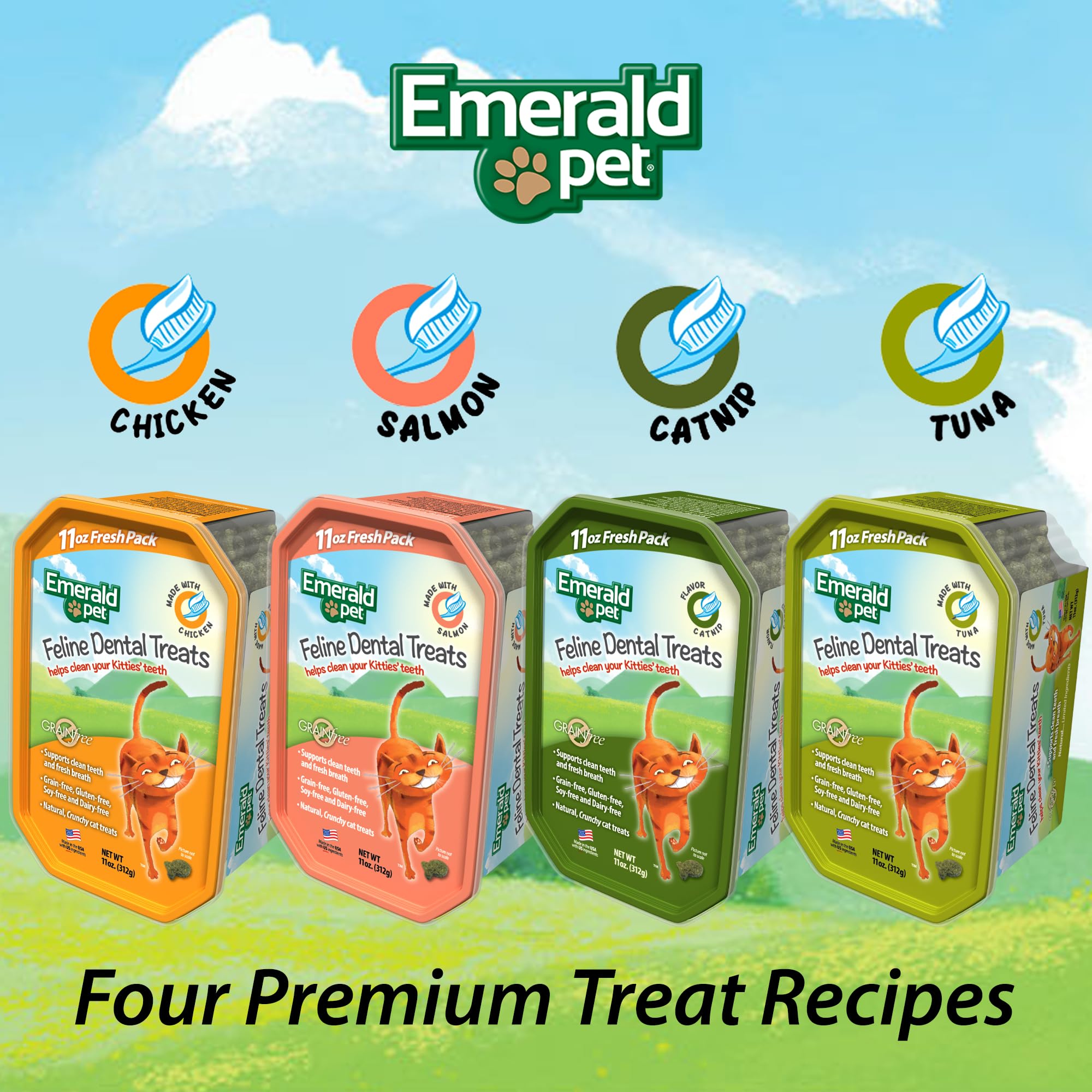 Emerald Pet catnip dental treats for flavorful chewing supporting dental health.