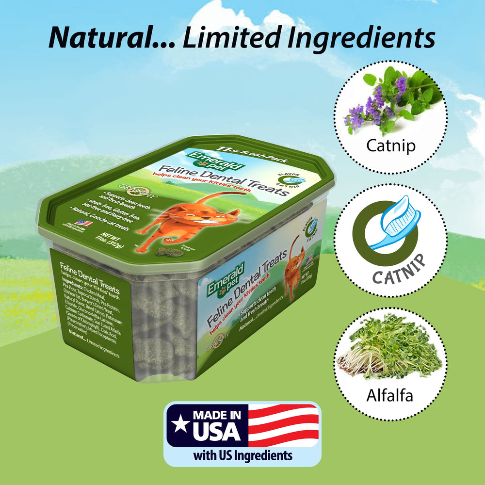Emerald Pet cat dental treats tartar control with larger size to encourage chewing.