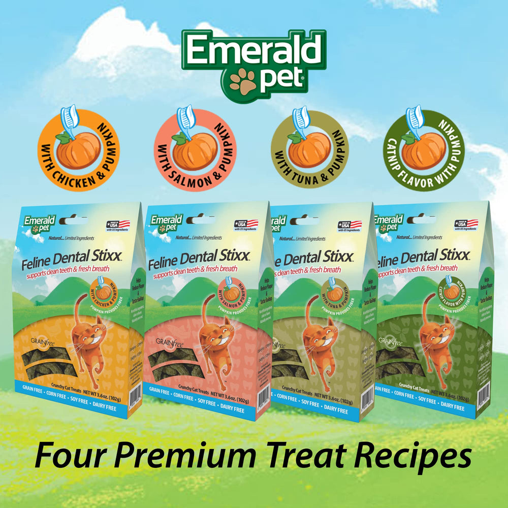 Emerald Pet Feline Dental Stixx break-in-half approach eases first-time introductions for cats.