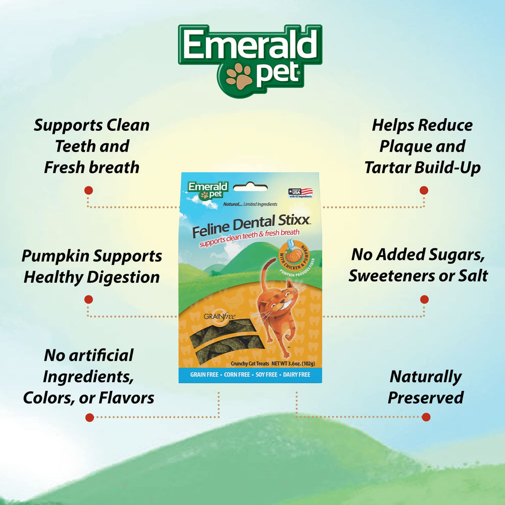 Emerald Pet Feline Dental Stixx grain-free formula supports sensitive cats and reduces allergens.