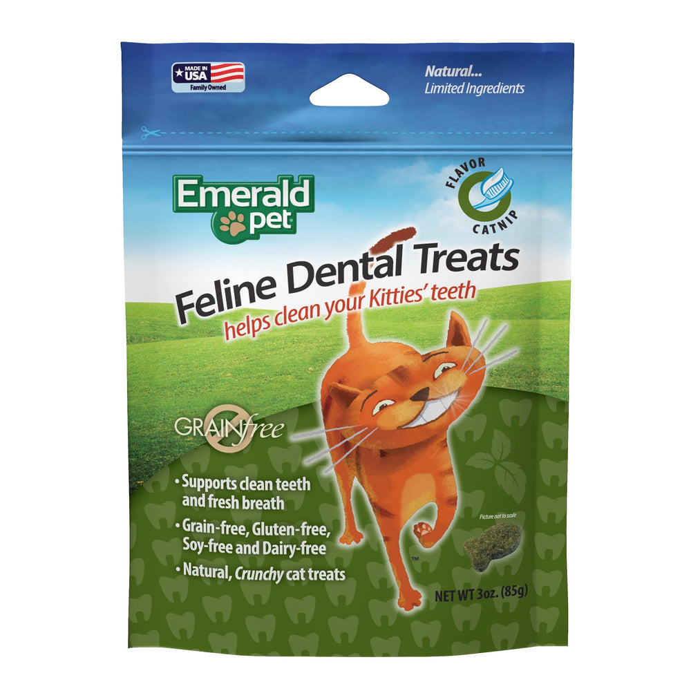 Emerald Pet Feline Dental Treats chicken bite shows crunchy texture for teeth cleaning