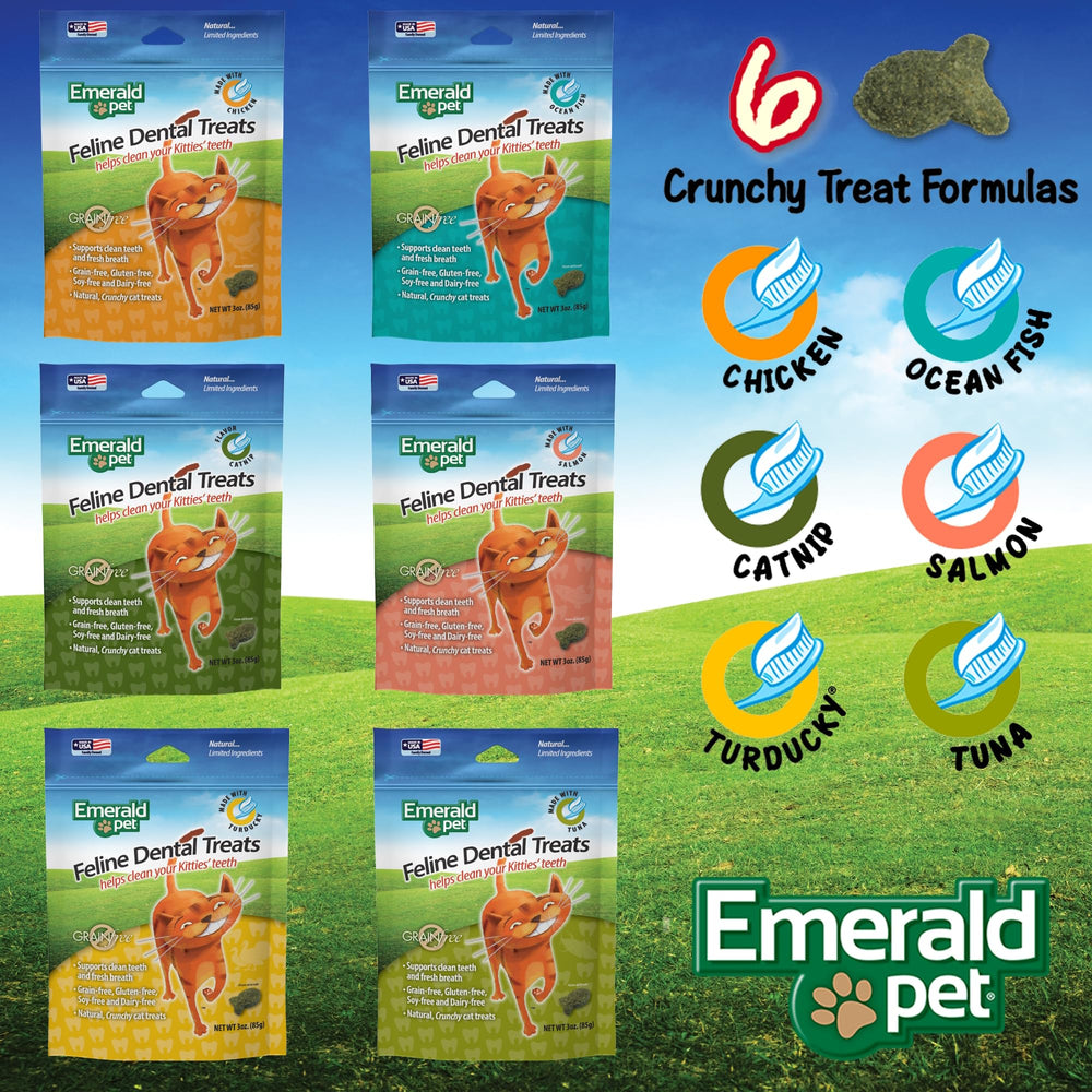 Emerald Pet Feline Dental Treats closeup crunch highlights texture for effective chewing