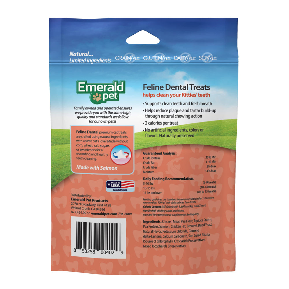 Emerald Pet Feline Dental Treats showcase crunchy texture for effective chewing.