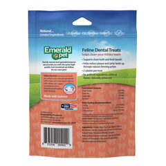 Emerald Pet Feline Dental Treats showcase crunchy texture for effective chewing.