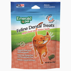 Emerald Pet Feline Dental Treats salmon packaging for easy rewards and dental care.