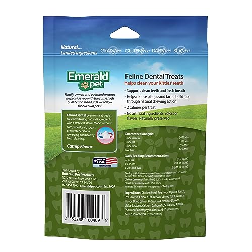 Emerald Pet Feline Dental Treats tuna bite supports plaque reduction through chewing