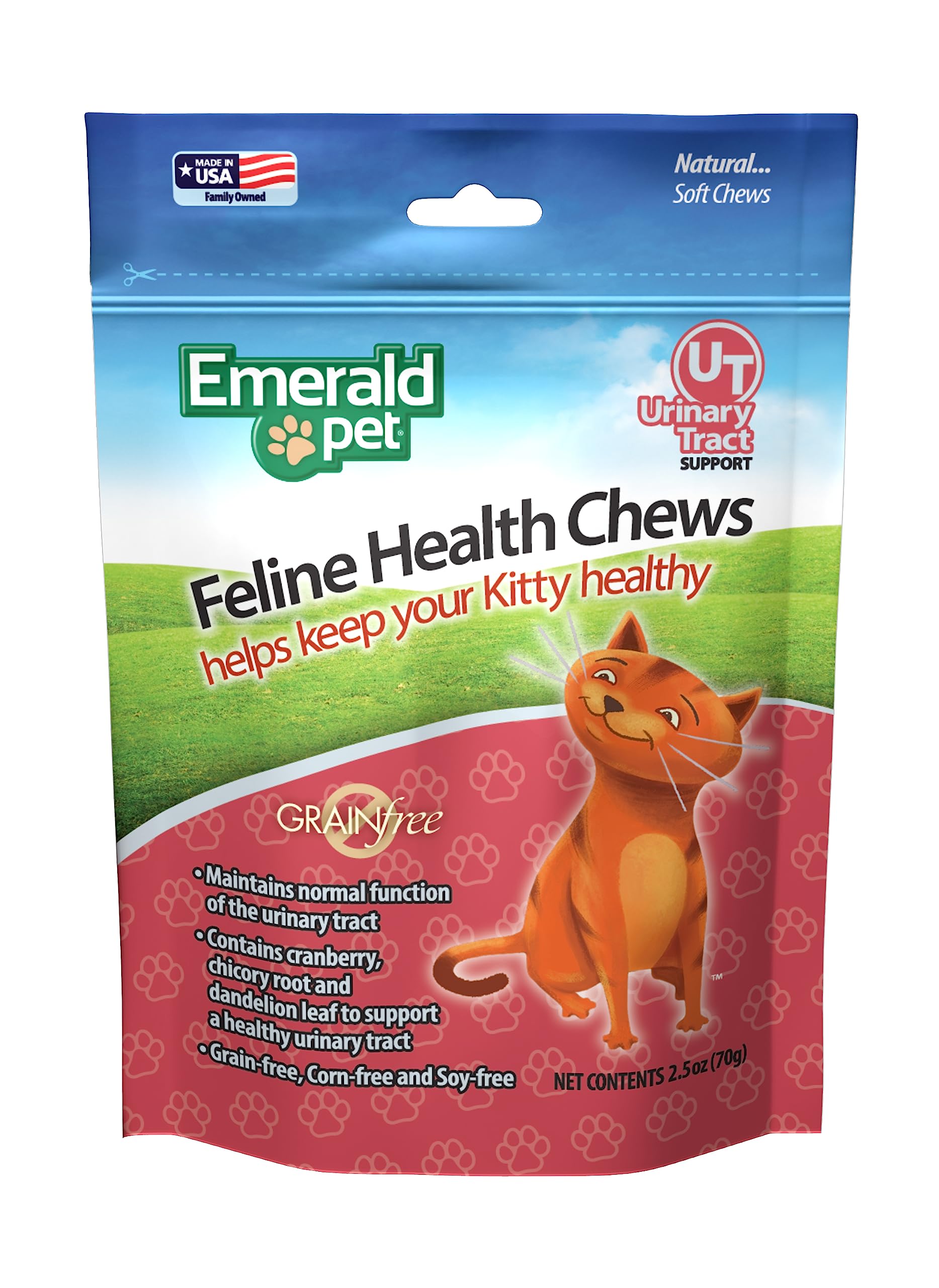 Emerald Pet Feline Health Chews bottle showing urinary health support for cats