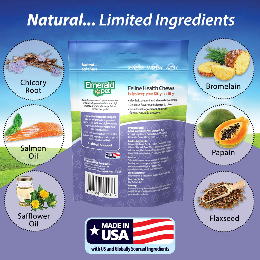 Emerald Pet Feline Health Chews ingredients label highlights natural enzymes and prebiotic.