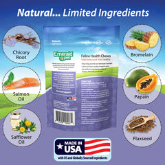 Emerald Pet Feline Health Chews ingredients label highlights natural enzymes and prebiotic.